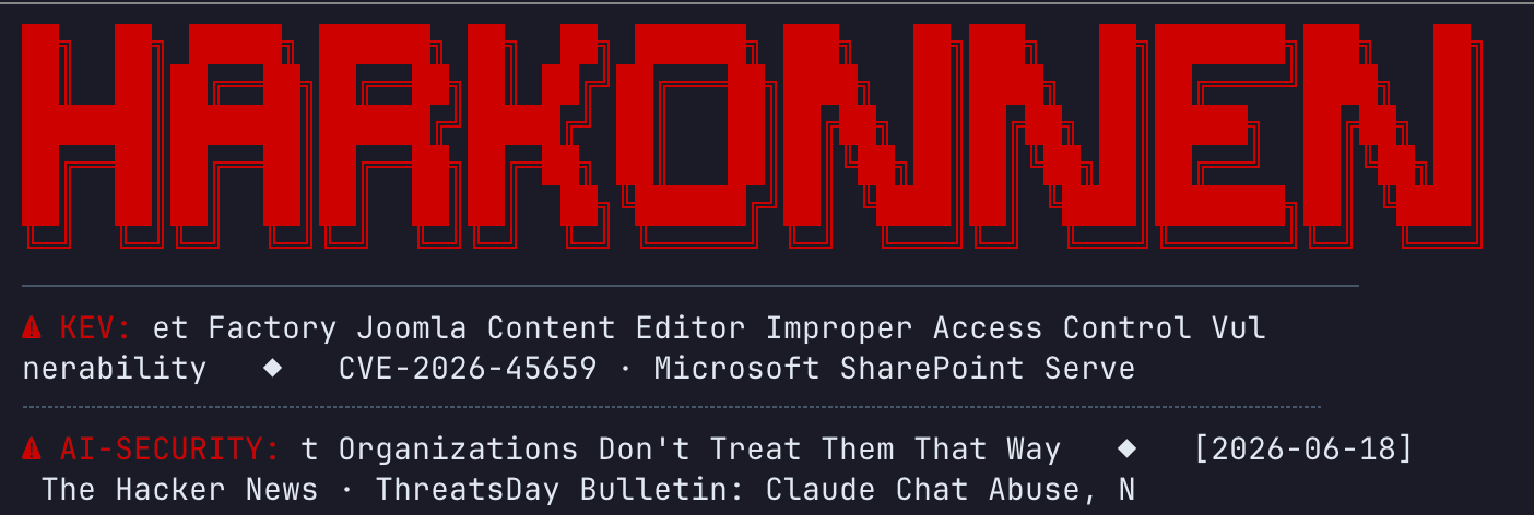The HARKONNEN banner with a live KEV feed and an AI-security news feed scrolling beneath it.
